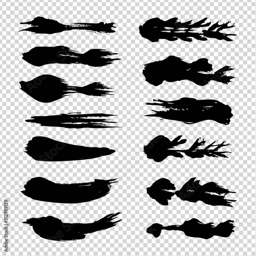 Black textured abstract brush strokes isolated on imitation transparent background
