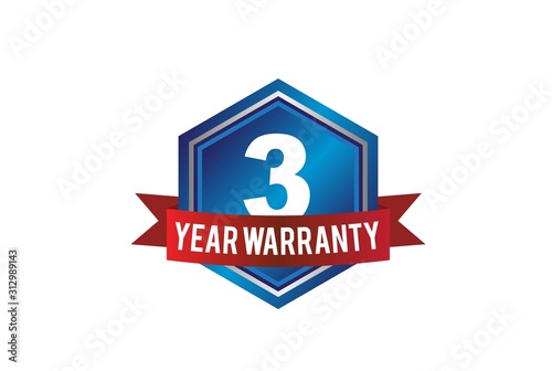 Blue metallic 3 year warranty hexagon button with red ribbon