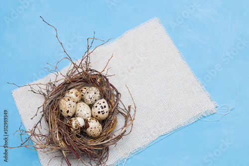 quail eggs in a nest of branches on a blue background, light fabric, Easter background, natural food, copy space, top view
