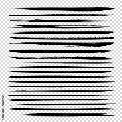 Black abstract brush long thin strokes big set isolated on imitation transparent background