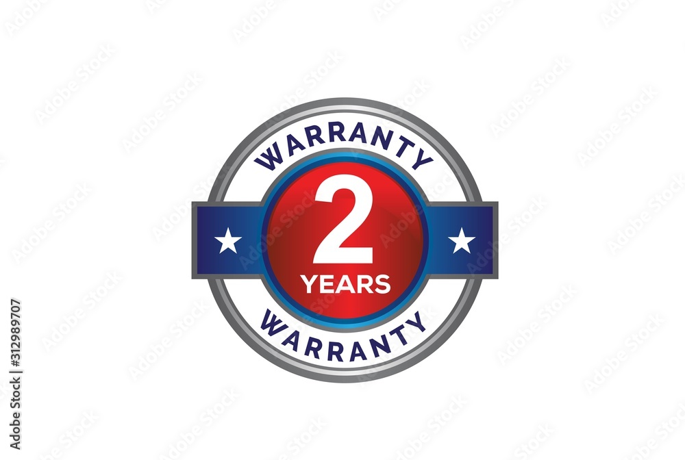 Red metallic 2 year warranty circle button with stars Red metallic 2 year warranty circle button with stars