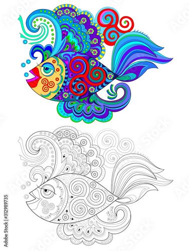 Fototapeta Illustration of stylized fantastic fish with Celtic maritime ornaments. Colorful and black and white page for coloring book for kids. Printable worksheet for print and decoration. Hand-drawn vector.