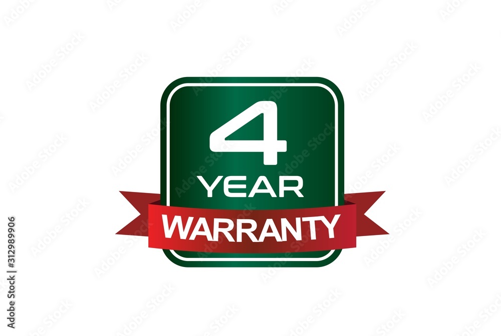 Green metallic 4 year warranty square button with red ribbon Green metallic 4 year warranty square button with red ribbon