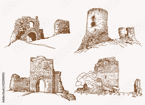 Graphical vintage set of medieval castles , vector sepia illustration