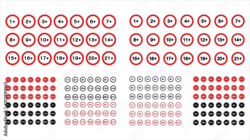 Signs of age restriction. Age limit concept. Warning Signs Set Stock