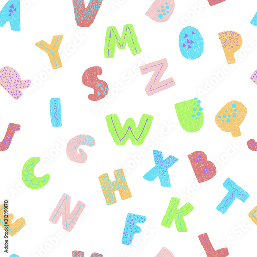 Vector seamless background with colorful letters. Alphabet. Can be used for wallpaper, pattern fills, web page, surface textures, textile print, wrapping paper