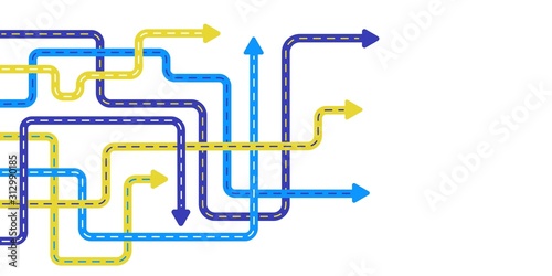 Direction concept. Abstract blue and yellow arrows minimal flat design.