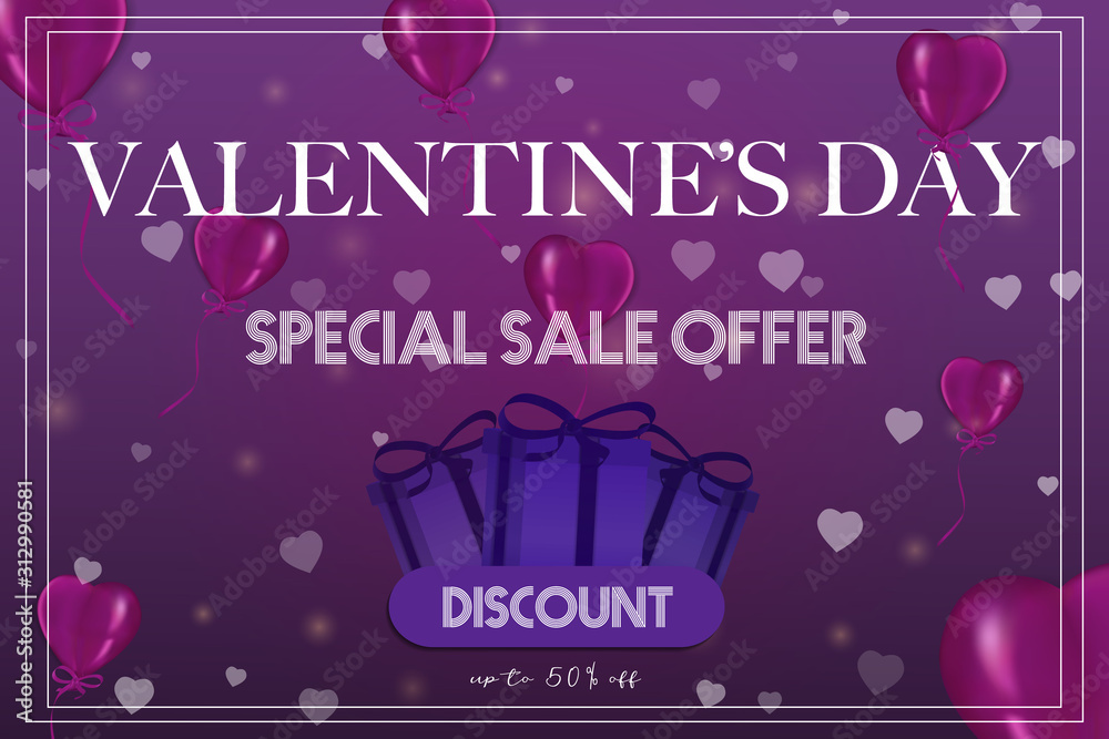 Naklejka premium Happy Valentine’s day sale offer banner background. Valentine gift flyer, advertisement discount. Discount price vector illustration with blur heart decoration, for invitation, wallpaper, web
