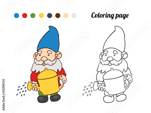 Illustration of cute garden gnome with a watering can. Coloring page or book for baby