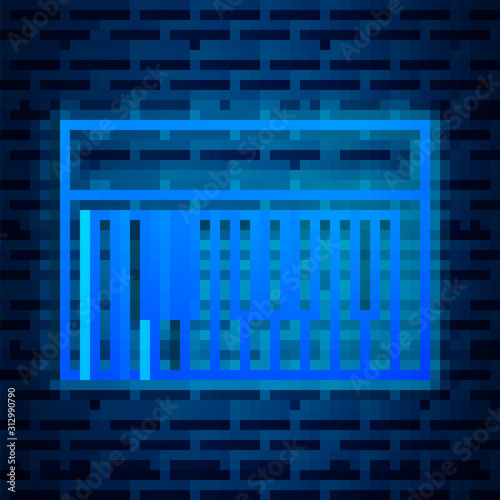 Glowing neon line Music synthesizer icon isolated on brick wall background. Electronic piano. Vector Illustration