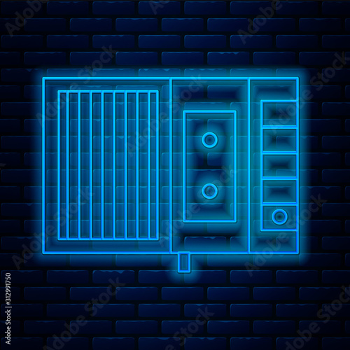 Glowing neon line Music tape player icon isolated on brick wall background. Portable music device. Vector Illustration