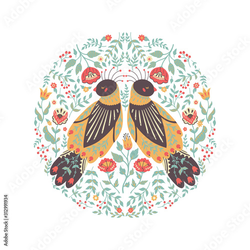 Art vector illustration of a beautiful floral wreath with a cute folk bird. Design can be used for banner, poster, card, invitation, scrapbook, and use in your unique design.