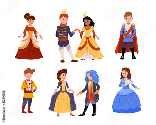 Set of cute little boys in prince costume with crown, girls in princesses dress isolated on white background. 