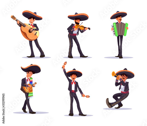 Mariachi Singer. Mexican musicians mariachi vector set, with guitar and maracas, trumpet and violin. 