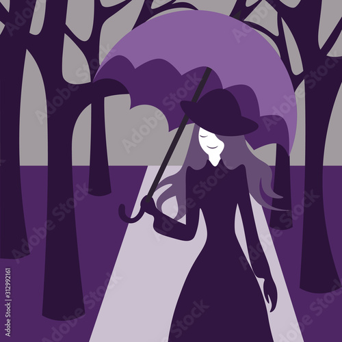 Old-fashioned woman with a parasol walking through the park in violet shades