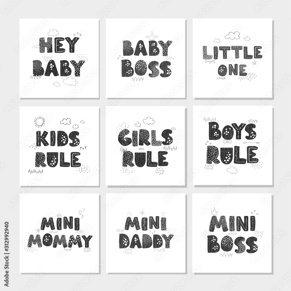 Fototapeta premium Vector set of illustrations with hand drawn lettering - Kids Rule. Black and white typography design in Scandinavian style for postcard, banner, t-shirt print, invitation, greeting card, poster