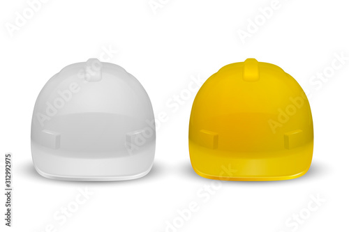 Vector 3d Realistic White and Yellow Plastic Safety Helmet Icon Set Closeup Isolated on White Background. Head Protect, Construction, Repair. Design Template, Mockup. Stock Illustration
