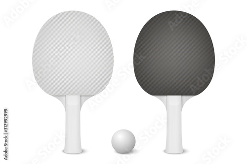 Vector 3d Realistic White and Black Ping Pong Racket and Ball Icon Closeup Isolated on White Background. Sport Equipment for Table Tennis. Design Template. Stock Illustration