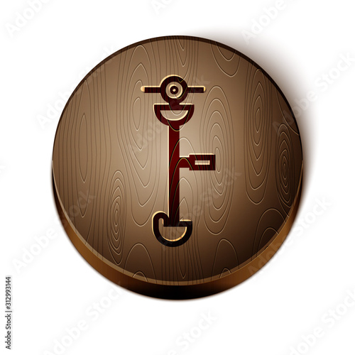 Brown line Grass and weed electric string trimmer icon isolated on white background. Grass clipper, lawn mower isolated on white background. Wooden circle button. Vector Illustration