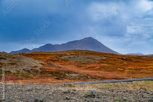 Idyllic landscape in nice autumn color, blue and yellow, mountain by Mývatn,