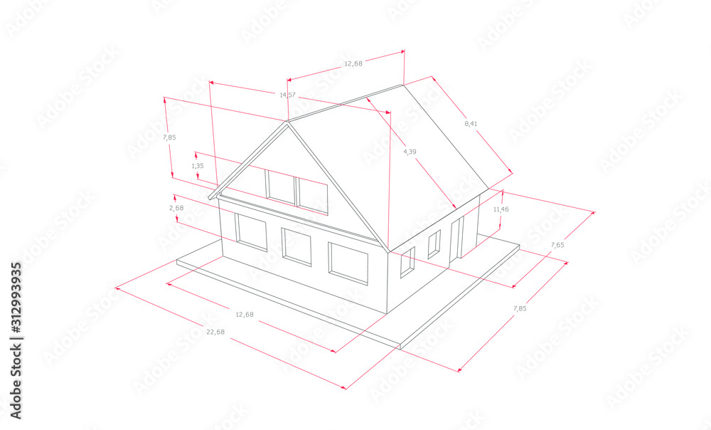 Technical drawing of the house with indicators of size, information, Technical drawing of the house with indicators of size, information,