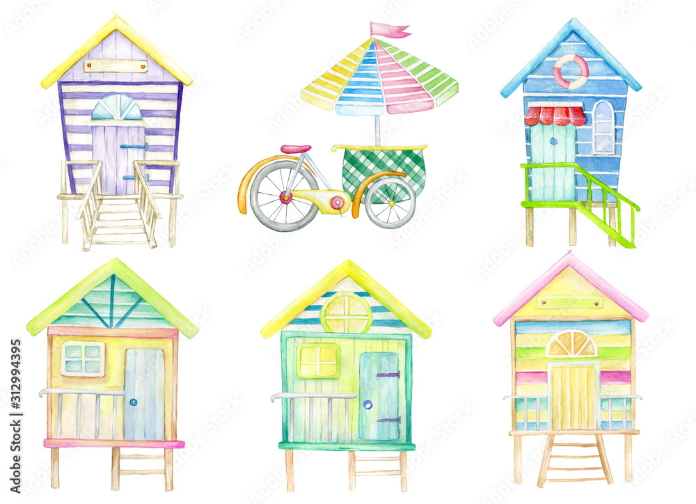 Watercolor set, beach houses and ice cream cart. Watercolor illustration, on an isolated background, on the theme of the beach and summer.