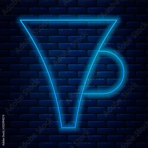 Glowing neon line Funnel or filter icon isolated on brick wall background. Vector Illustration