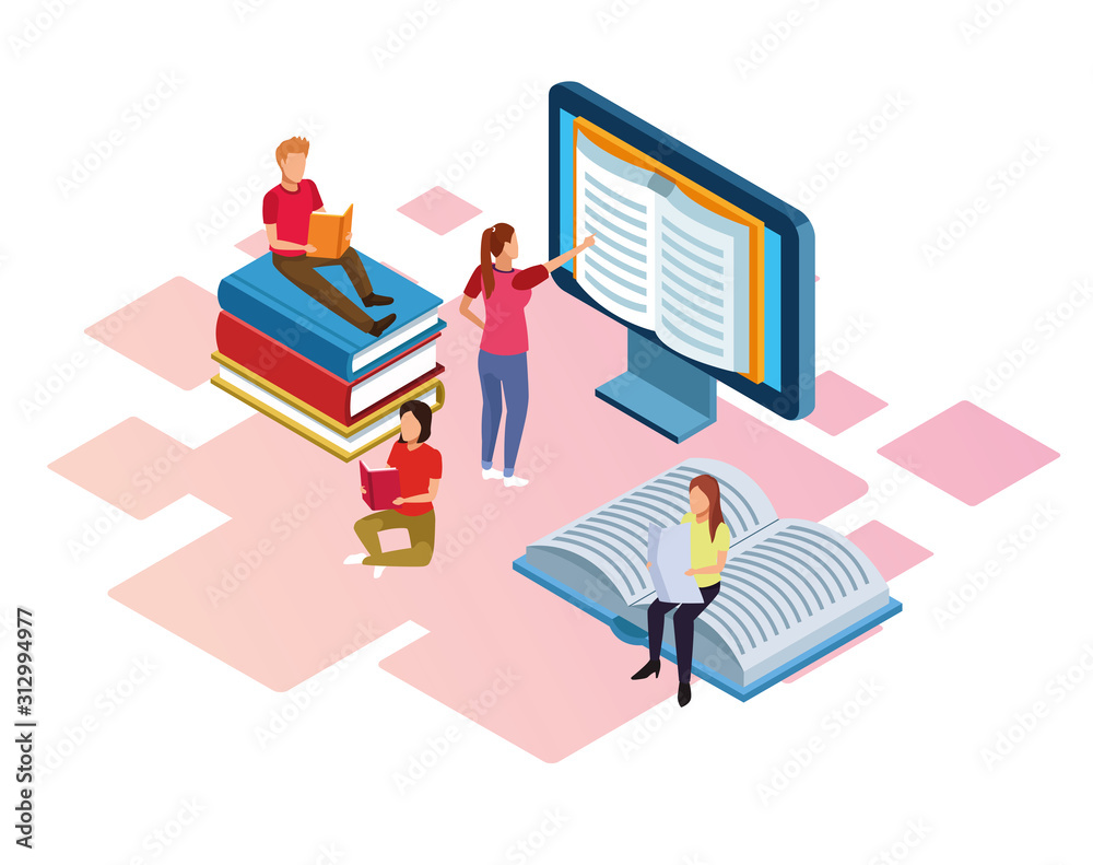 group of mini people reading electronics books group of mini people reading electronics books