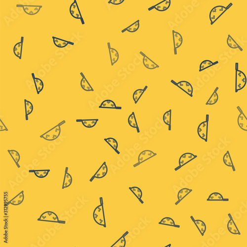 Blue line Kitchen colander icon isolated seamless pattern on yellow background. Cooking utensil. Cutlery sign. Vector Illustration