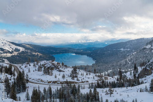 The Donner lake under the snow in winter, panorama, California