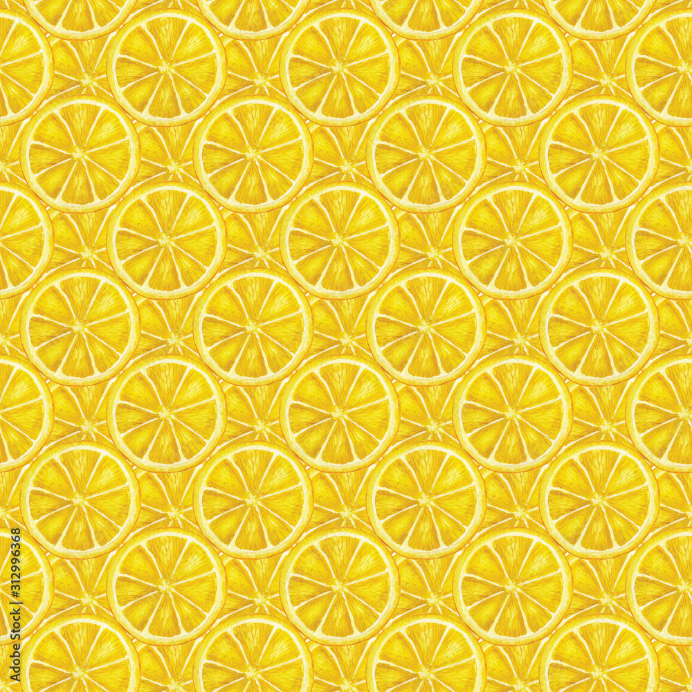Seamless pattern of round yellow slices of a lemon. Watercolor festive food hand-drawn illustration. Seasonal fruit background Seamless pattern of round yellow slices of a lemon. Watercolor festive food hand-drawn illustration. Seasonal fruit background