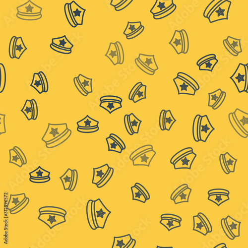 Blue line Police cap with cockade icon isolated seamless pattern on yellow background. Police hat sign. Vector Illustration