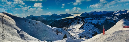 Beautiful panorama shot in Morzine, French Alpine Resort, France under an amazing Sky in Winter