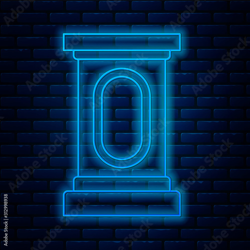 Glowing neon line Stage stand or debate podium rostrum icon isolated on brick wall background. Conference speech tribune. Vector Illustration