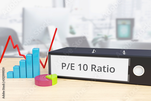 P/E 10 Ratio – Finance/Economy. Folder on desk with label beside diagrams. Business/statistics. 3d rendering photo