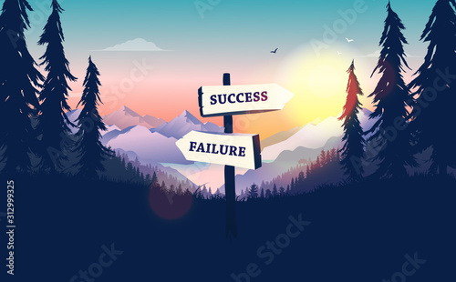 Crossroad signpost with direction to success or failure, placed in nature with sunrise and beautiful view. Decision making, road to opportunities, and future concept. Vector illustration.