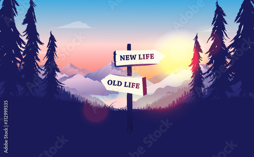 Choose a life direction, new life or old life. Crossroad signpost pointing at new opportunities, sunrise, beautiful nature. Decision making concept. Vector illustration.