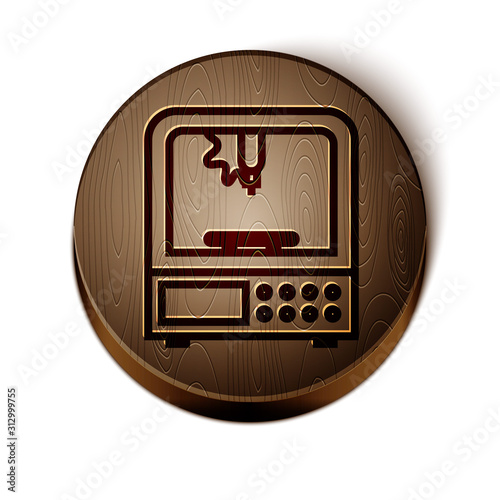 Brown line 3D printer icon isolated on white background. Wooden circle button. Vector Illustration