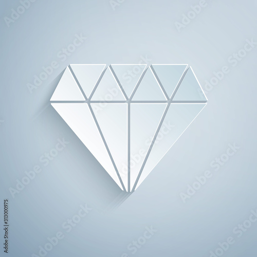 Paper cut Diamond icon isolated on grey background. Jewelry symbol. Gem stone. Paper art style. Vector Illustration