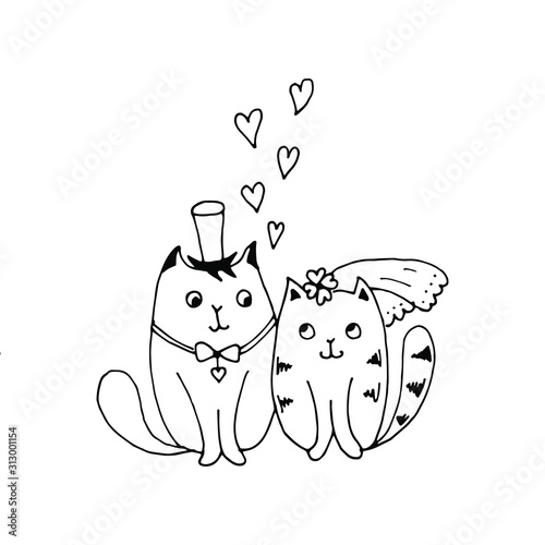 Cats wedding. Just married. Accessories of the bride and groom, wedding gifts. Lovely cats. Cute hand drawn stock vector illustration in doodle style.  