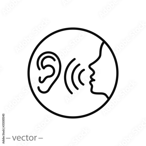 listen carefully to the speaker icon, social communication, human attentively talk, whisper on ear, thin line web symbol on white background - editable stroke vector illustration eps10