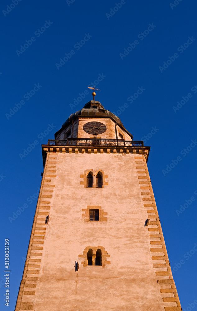 Altenburg / Germany: Romanesque St. Nikolai church tower in the heart of the historic Nikolai quarter in the deep winter sun Altenburg / Germany: Romanesque St. Nikolai church tower in the heart of the historic Nikolai quarter in the deep winter sun