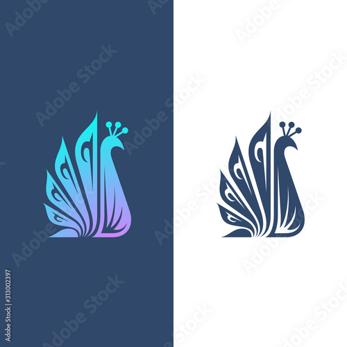 Peacock logo, luxury peacock bird vector illustration, simple minimalist animal mascot logo, gradient peacock logo template