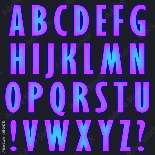 Raster set of capital letters of the Latin alphabet, exclamation and question marks based on Gill Sans MT Ext Condensed Bold. Neon pink - blue isolated letters on a dark blue background.