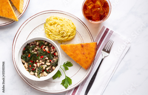 Overhead view of Black-eye Peas and Collard Greens Entree