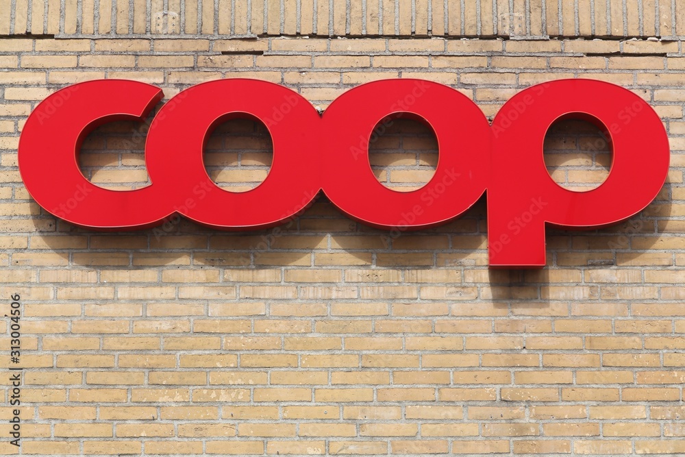Billund, Denmark May 14, 2016 Coop logo on a wall. Coop is a