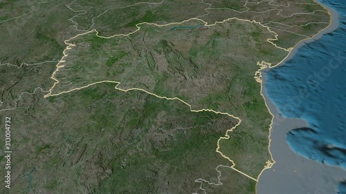 Bahia, state with its capital, zoomed and extruded on the satellite map of Brazil in the conformal Stereographic projection. Animation 3D