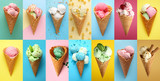 Collage with tasty ice-cream on color background
