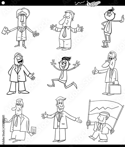 black and white funny businessmen characters set