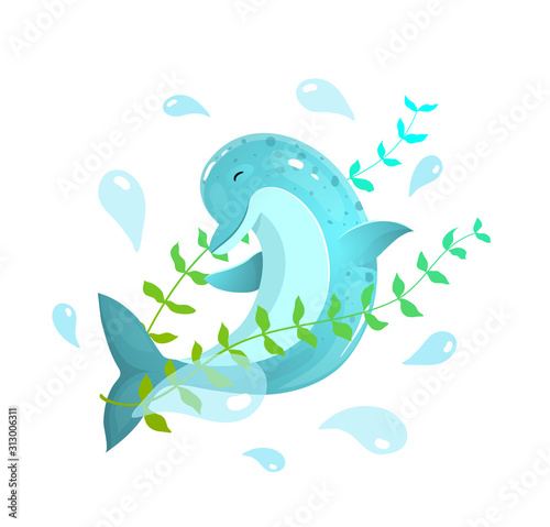 Jumping Dolphin Splashing Water Around Vector Illustration Clipart